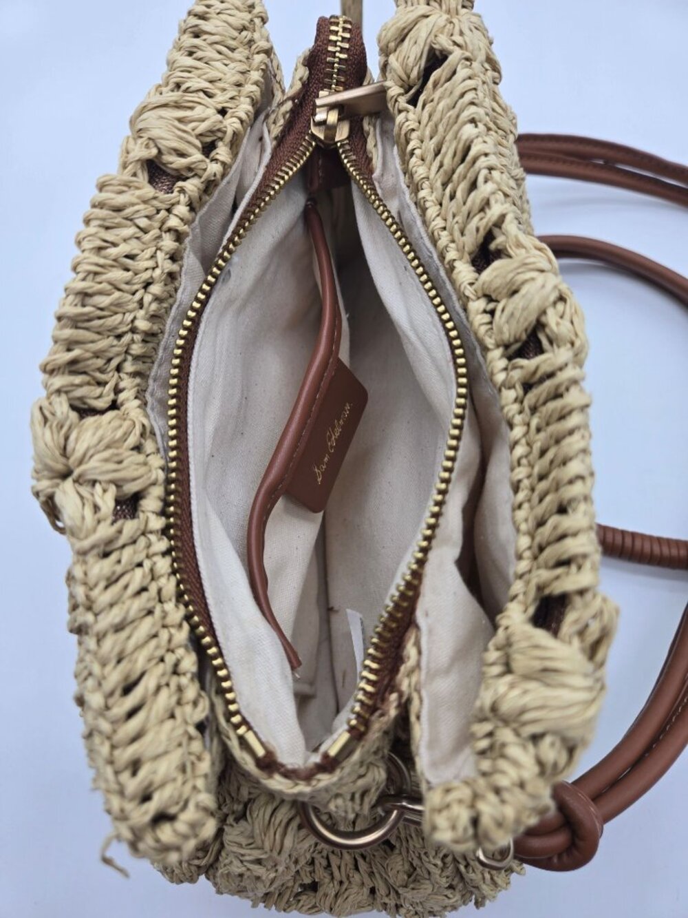 SAM EDELMAN Shoulder Bag Layla 3-Compartment Floral Raffia Natural Leather Trim - Picture 10 of 10